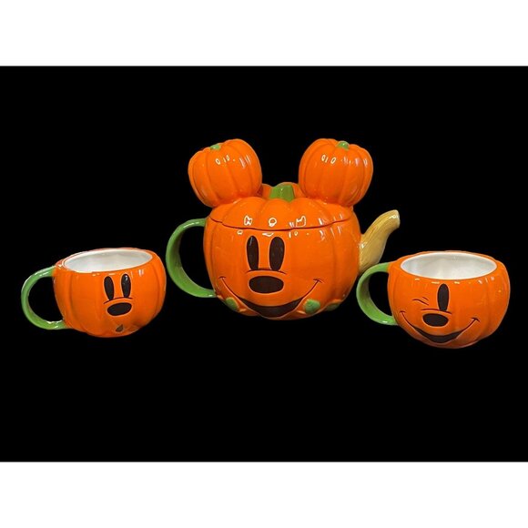Disney Sculpted Ceramic Mickey Mouse Jack-o-Lantern Pumpkin Tea Set Halloween - Picture 2 of 8
